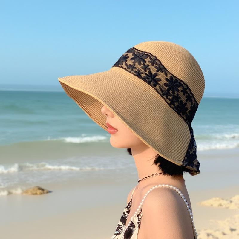 

Кружевная соломенная шляпа Летний морской отдых Пляжная защита от солнца Соломенная шляпа Детская складная шляпа от солнца Шляпа от солнца M（56-58cm） чёрный