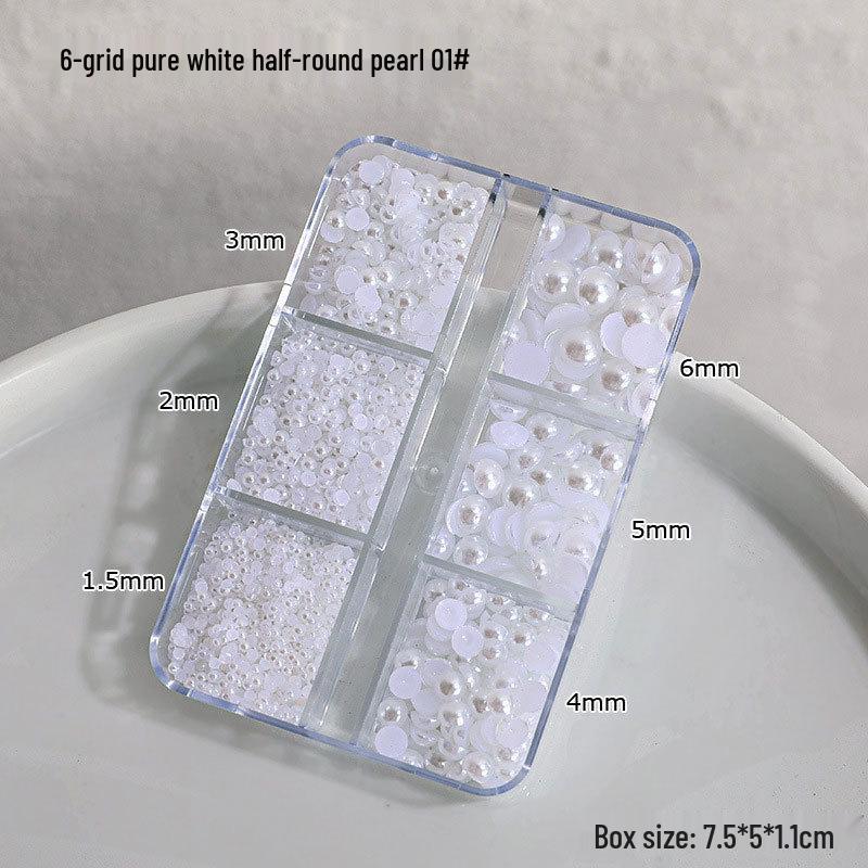 12-Grid Nail Art Pearls: Off-White Mixed Sizes, No Holes, Semi-Circular Boxed Decorations