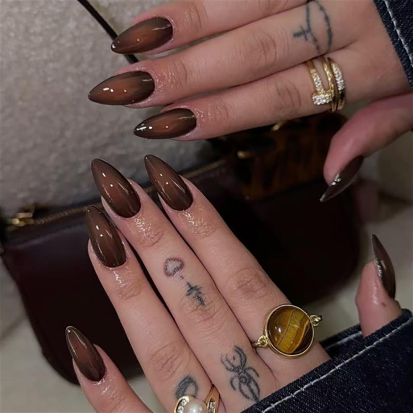 24Pcs Y2K Gothic Black Gradient False Nails Glossy Almond Press on Nails Wearable False Nails Spicy Girls Ballet Press on Nails