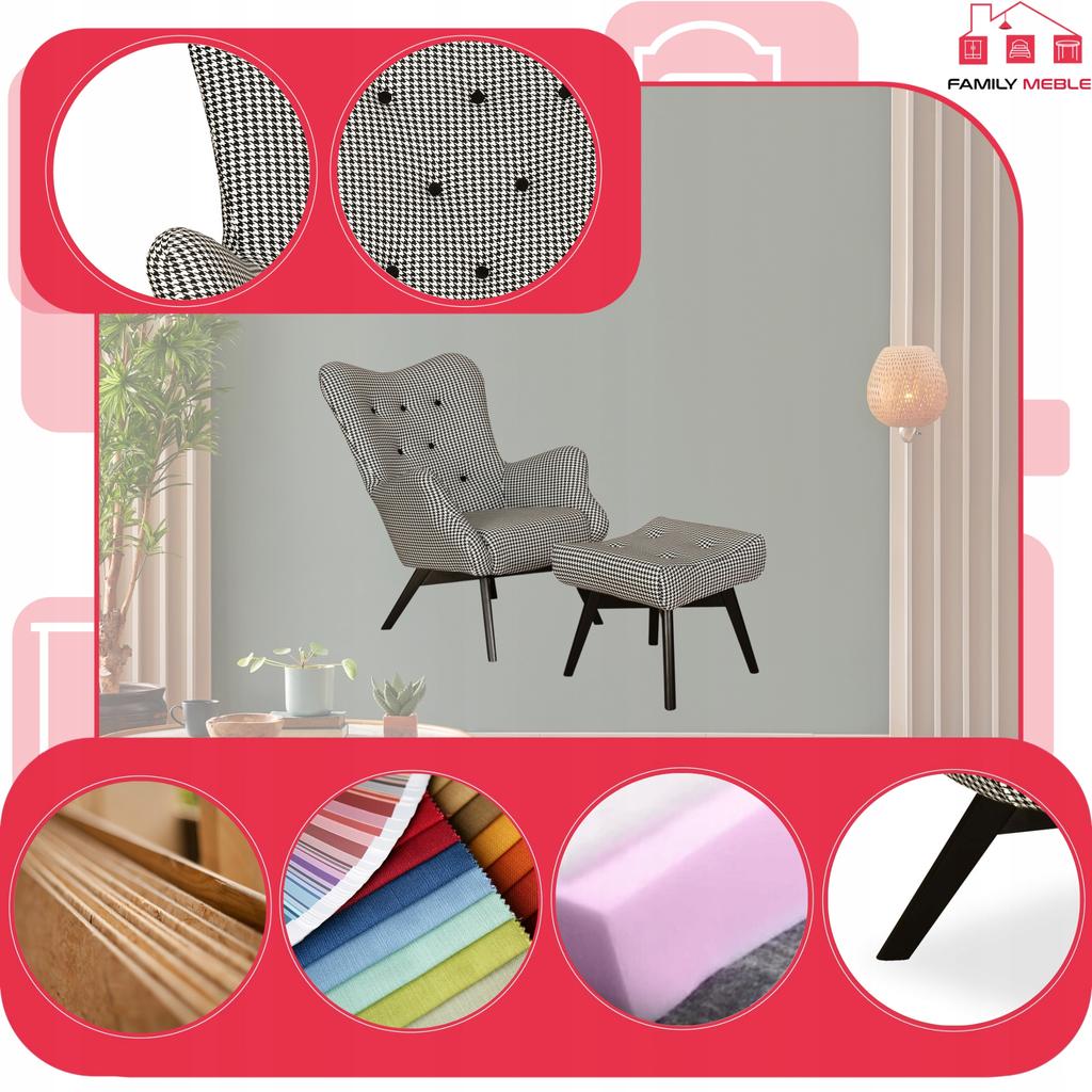 Scandinavian Armchair Luna Print with Footrest Pouffe Family Meble Houndstooth Black