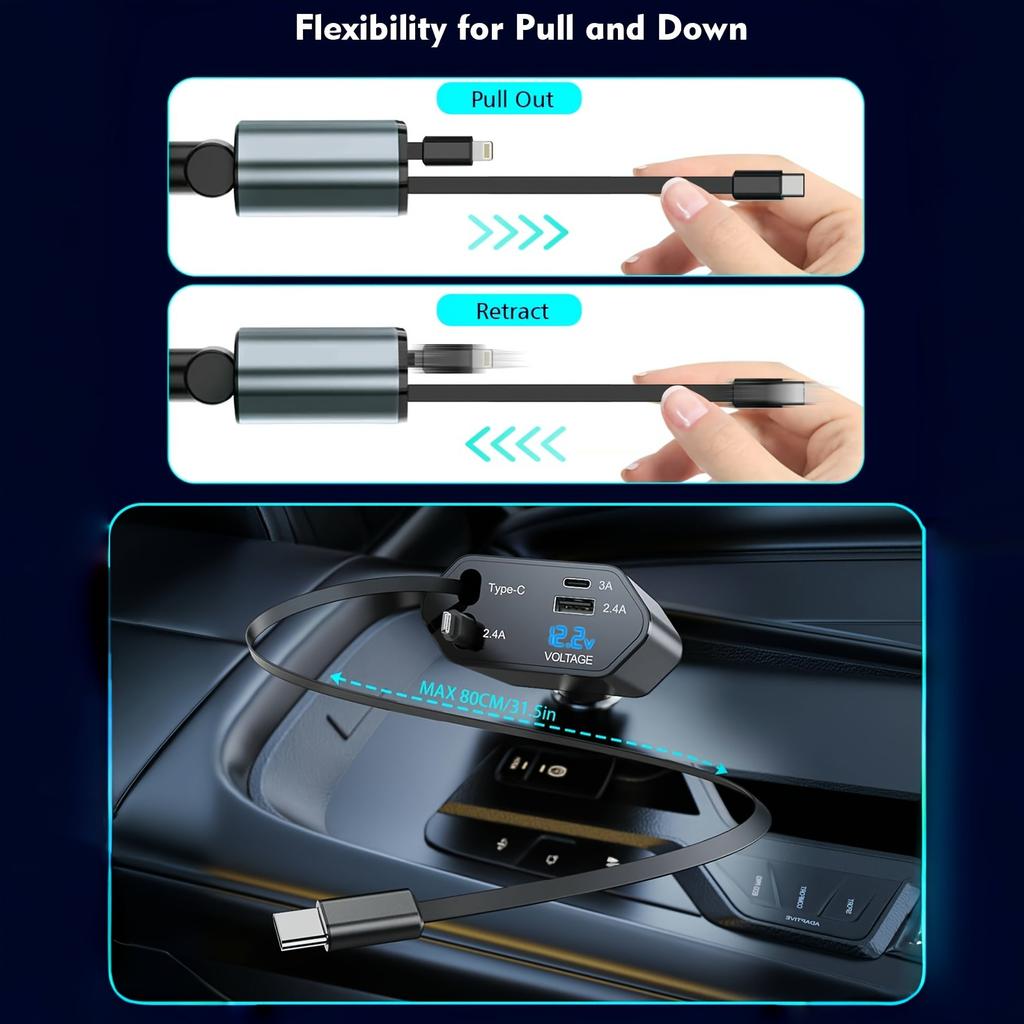 4-in-1 Einziehbarer 66W Autoladegerät mit Dual-Kabeln, USB-C- und USB-A-Anschlüssen, LED-Spannungsmonitor