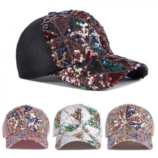 Women Adjustable Glitter Sequin Baseball Cap Sports Casual Mesh Sun Hat Summer