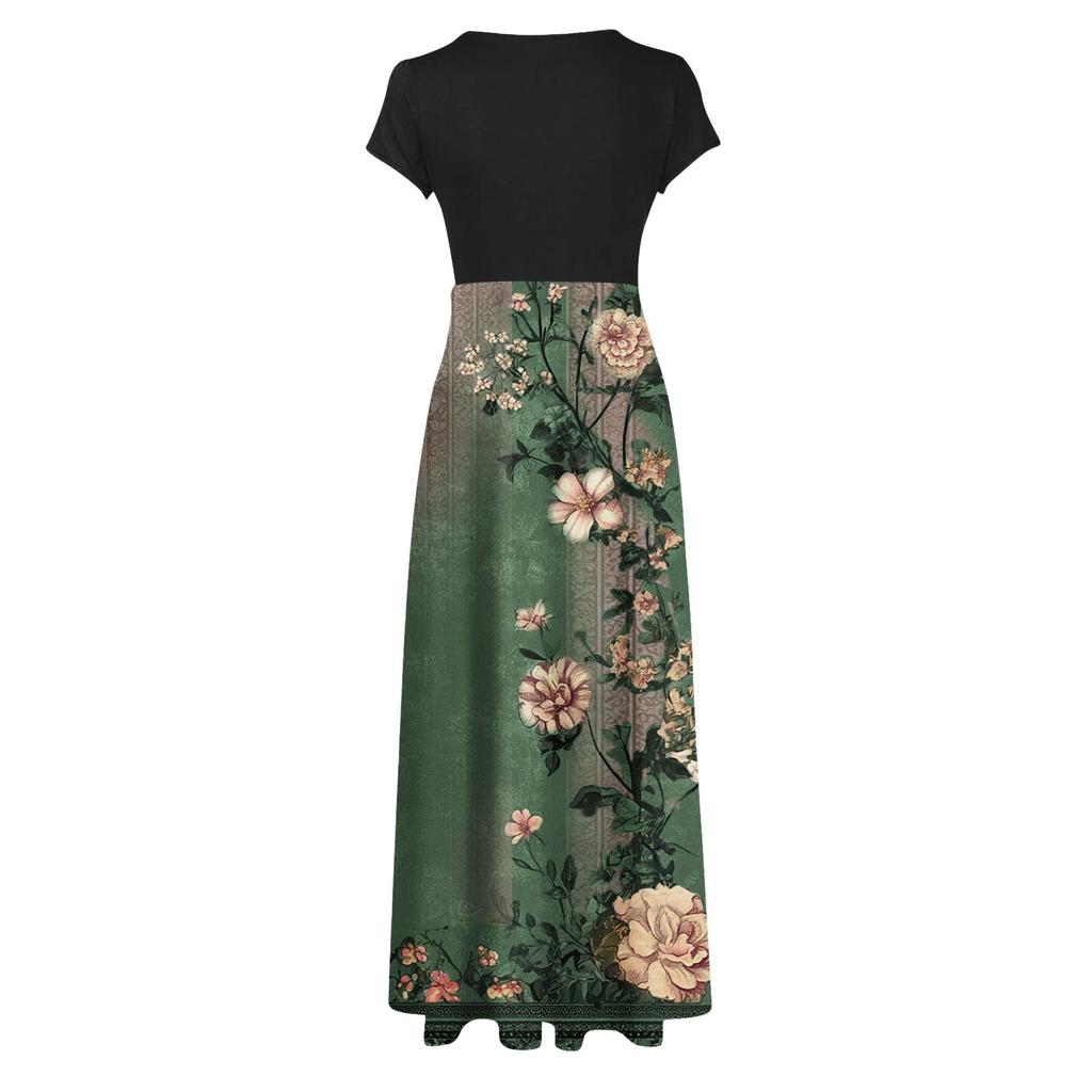 Women's Fashion Casual Loose Printed Round Neck Short Sleeve Long Dresses Short Sleeve Long Dresses