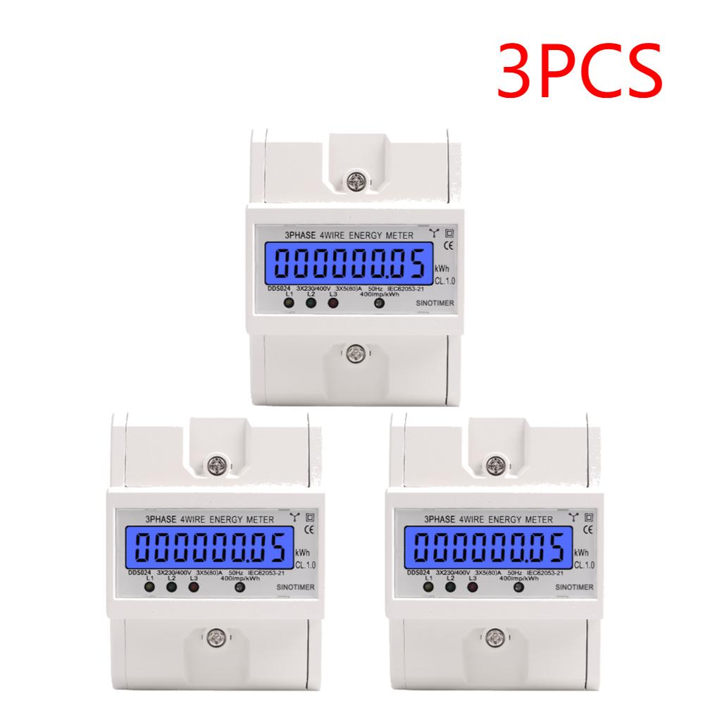 1-3pcs Din Rail 3 Phase 4 Wire Electronic Watt Power Consumption Energy Meter Wattmeter kWh 5-80A 400V LCD Backlight Display