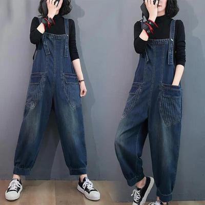 Lockerer Jeans-Overall für Damen, lässig, übergroß, Baggy-Hosen, große Taschen, Blumendruck, Denim-Overalls, Träger, Strampler