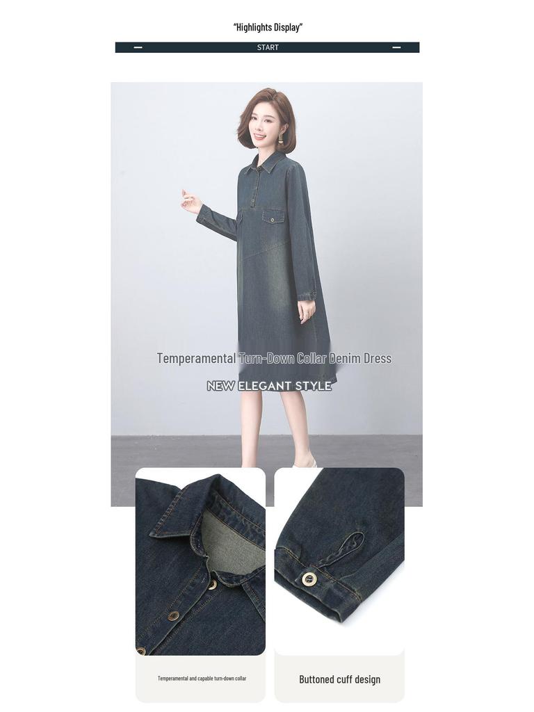2024 Spring/Autumn Mid-Length Denim A-Line Shirt Dress with Long Sleeves