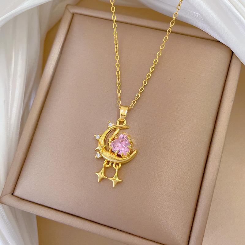 Pink Star Moon Full Diamond Light Luxury Temperament Gorgeous Full Diamond Necklace Female Versatile Collarbone Chain Titanium Steel