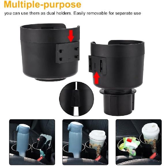 JSCARLIFE Dual Cup Holder Expander for Car - 2 in 1 Adjustable Car Cup Holder Adapter with Snack Organizer, Fits Most Vehicles, Holds Bottles, Cups,