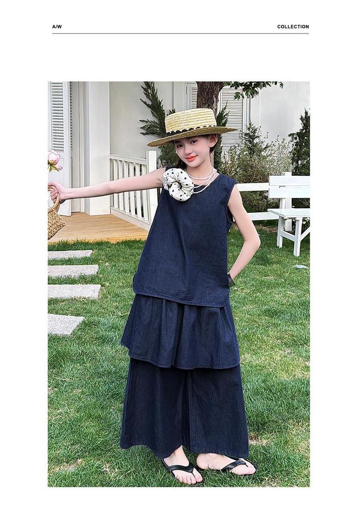Girls' Korean Denim Sleeveless Summer Outfit with Wide-Leg Pants