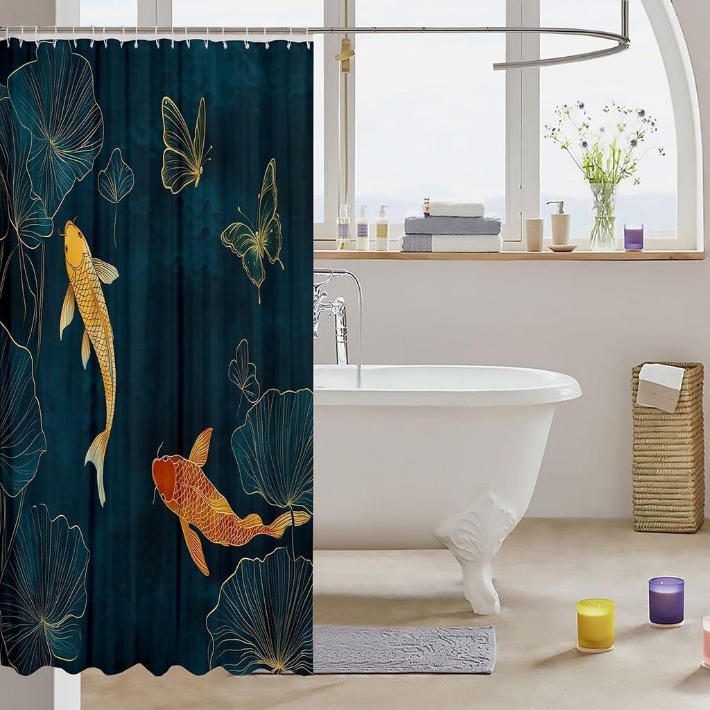 Koi Fish Shower Curtain Japanese Style Bath Curtain Boys Girls Ocean Marine Lotus Leaf Bathroom Shower Curtain Set Waterproof