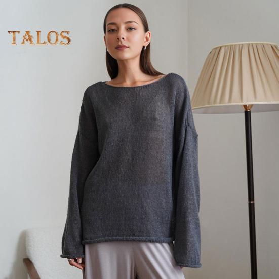 Women Knitting T-shirt Round Neck Flared Long Sleeve Hollow Tee Shirt Solid Color Loose Fit See-through Thin Knitting Tops