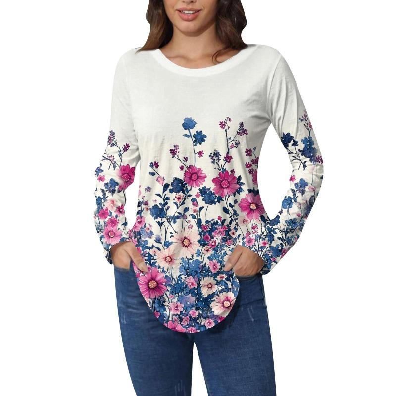 Shirts for Women Cute  Vintage Pattern Print T-Shirt Long Sleeve Tunic Tops Cotton Pullovers T-Shirts Women’s