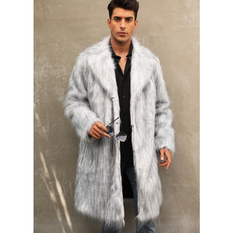 Cappotto Lungo Oversize alla Moda da Uomo Invernale in Morbido Ecopelliccia con Collo a Revers Caldo