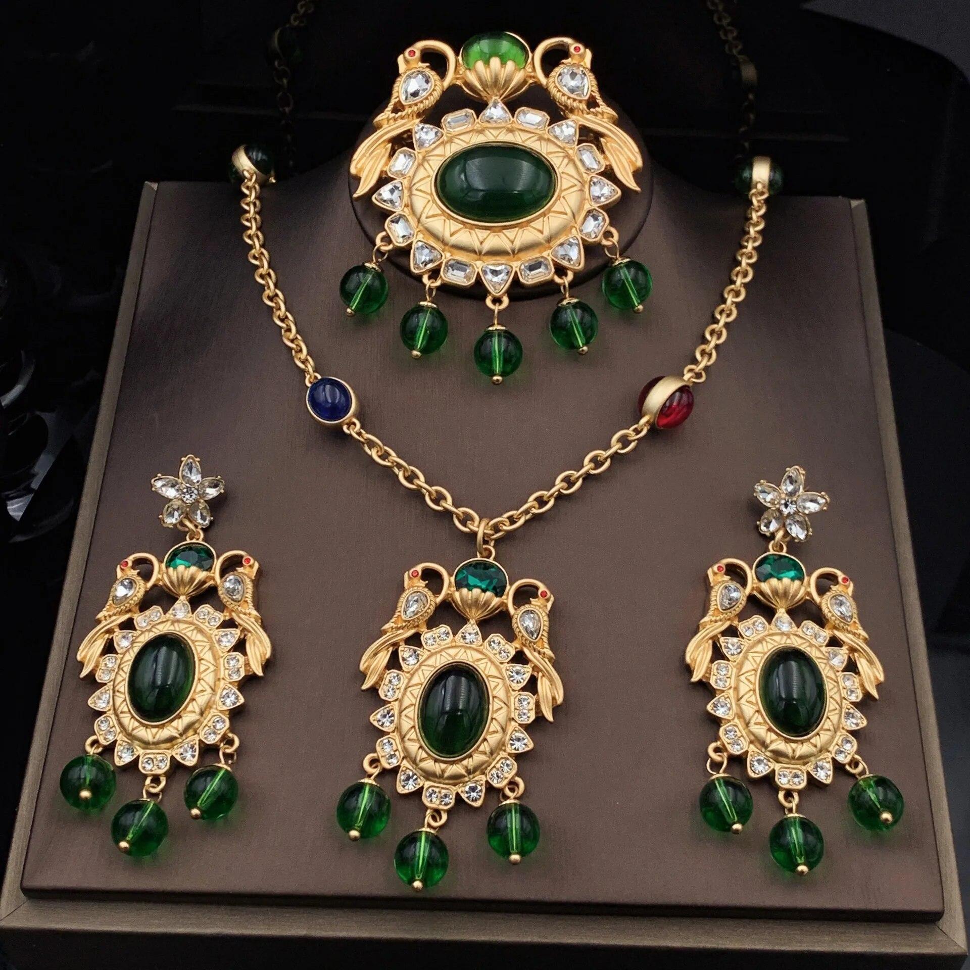 

Французские винтажные зеленые стеклянные серьги с очагом Феникса, брошь и ожерелье, комплект