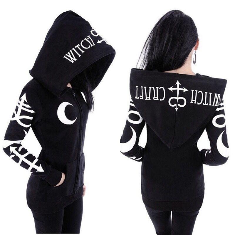 Dámská gotická mikina s kapucí na zip Dlouhý rukáv Potisk měsíce a písmen Oversized Velká kapuce Ležérní Tmavý styl Streetwear Mikina