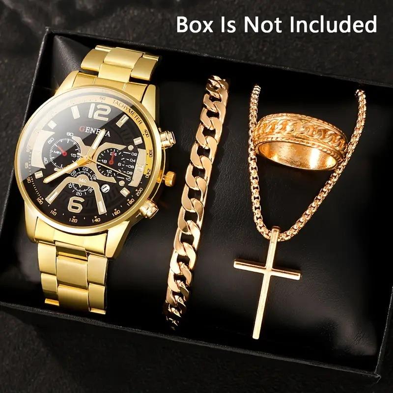 4pcs Luxury Men Business Quartz Watch Gold Roman with Calendar Wrist Watch Cross Necklace Bracelet Ring Set Men's Gift NO BOX