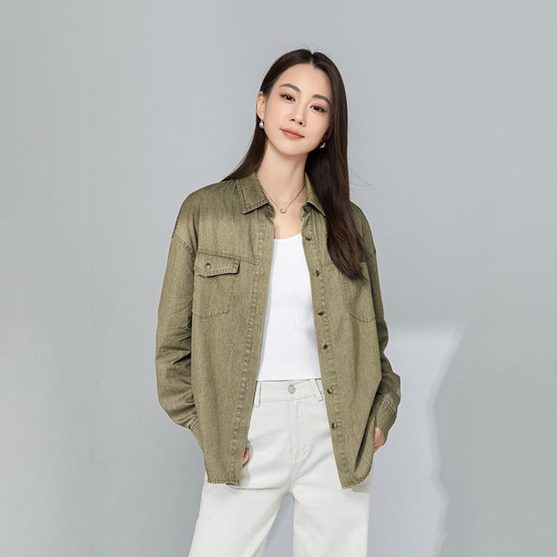 

Xin Ge Tencel Linen Distressed Denim Multi-Pocket Workwear Shirt for Women. XL