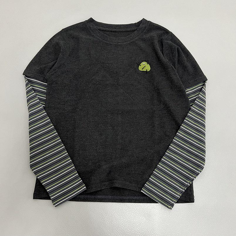 

Quirky Striped Round Neck Two-Piece Illusion Long Sleeve Women s Autumn Slimming Casual Top L темно-сірий