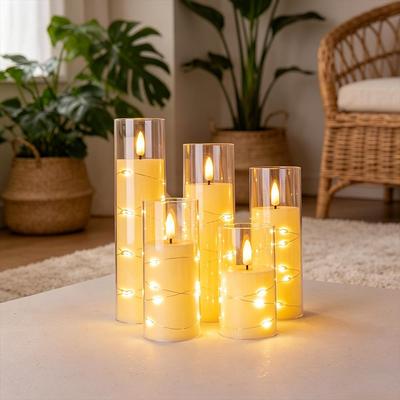 Glass-Covered LED Flameless Candles with Fairy Lights Set
