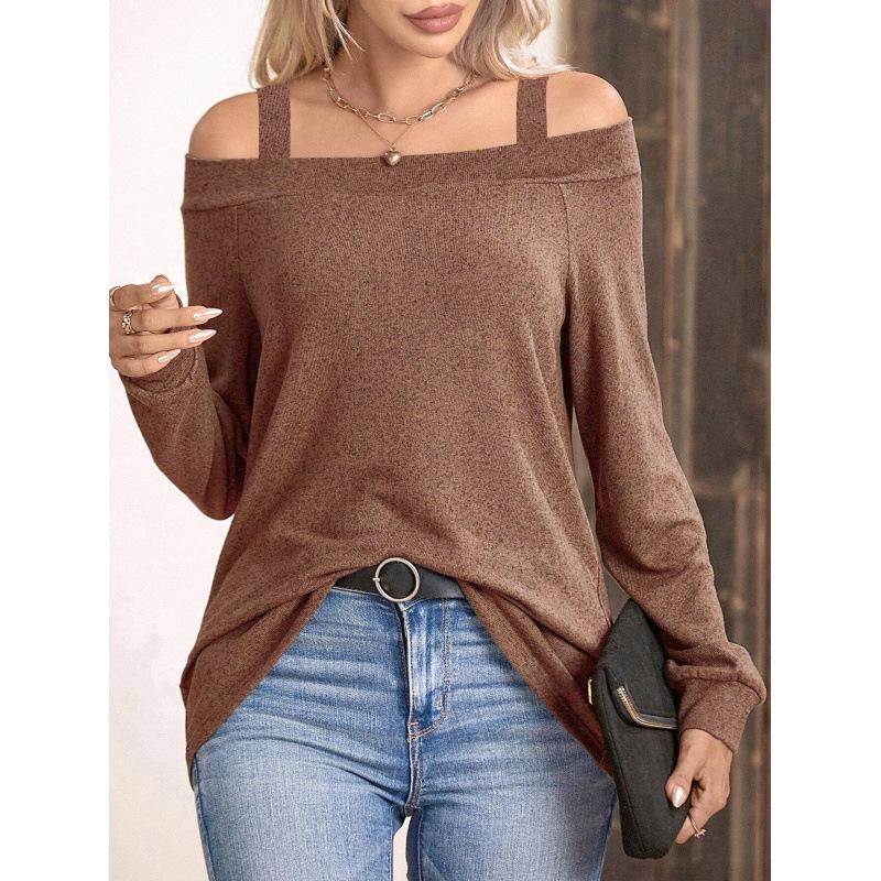 European and American Women's Fashion Off-the-Shoulder Long Sleeve Solid Color Top