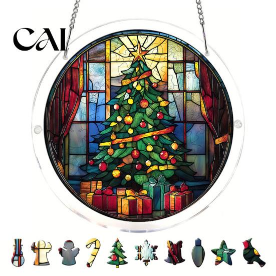 Stained Glass Window Art Christmas Acrylic Puzzle Suncatcher, Holiday Tree Snowman Stockings Red Bird Sun Catcher Suncatcher Kit for Adults,