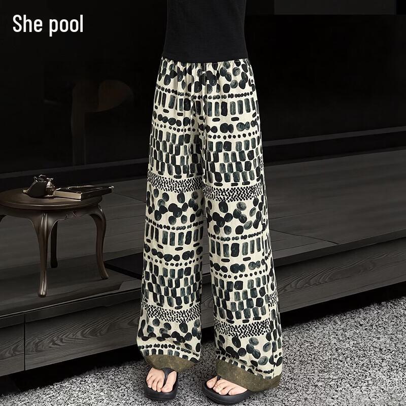 Women s Lyocell Linen Floral Print Elastic Waist Pants L