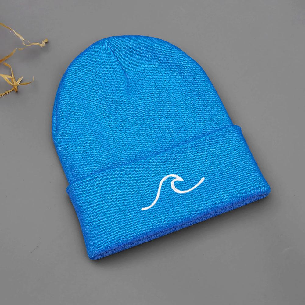 Winter Beanie Hats for Men Women Embroidery Wave Knit Cuffed Beanie Skull Cap Outdoor Daily Wear