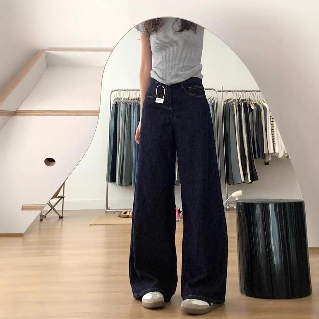 Dark Blue Wide-Leg High-Waisted Women's Jeans - Retro American Spring 2025 Floor-Length Denim