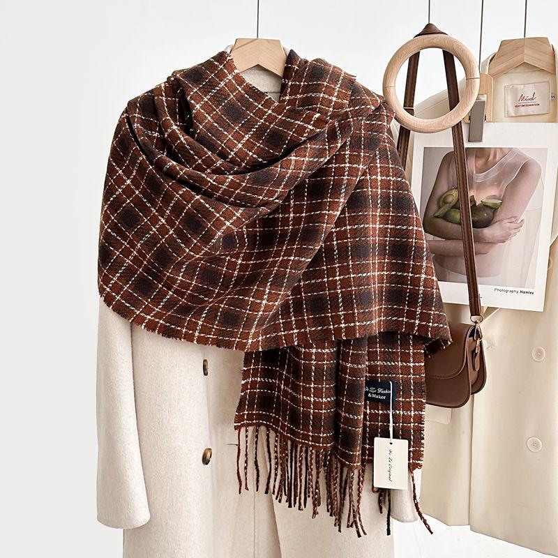 New Korean grid autumn and winter fresh couple gentle retro warm scarf women's versatile tassel imitation cashmere scarf