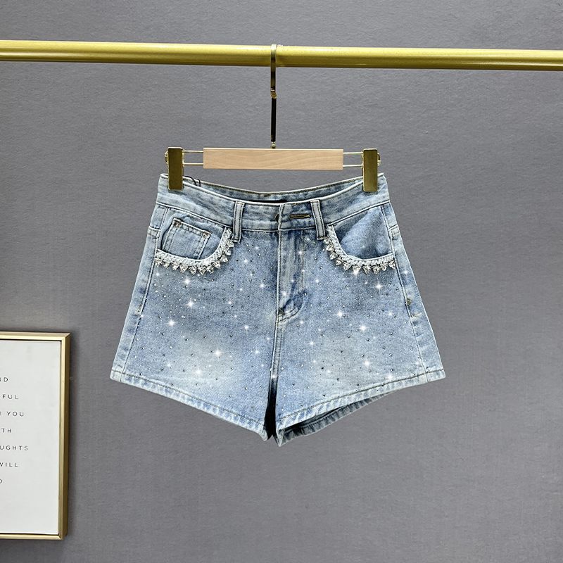 

European Station Diamond High Waist Silm Slim Looking Denim Shorts Light blue S