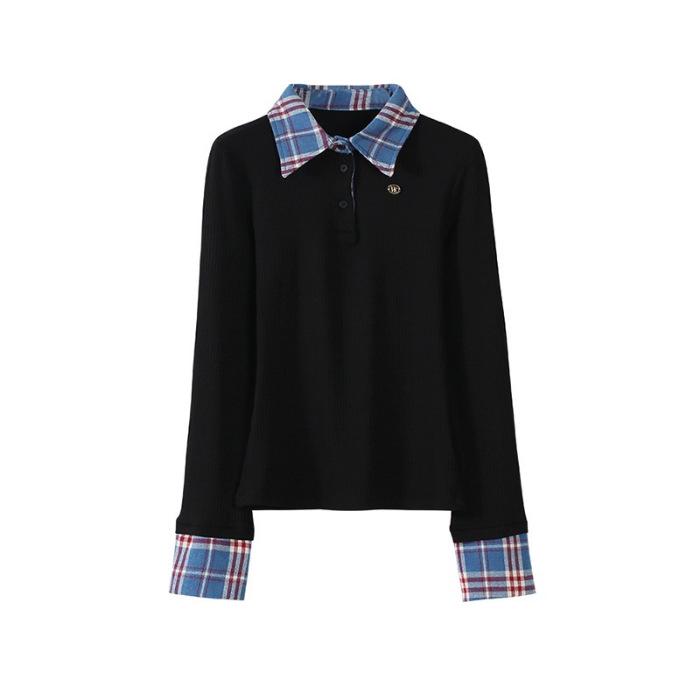 

Мужская рубашка-поло из двух частей в клетку пэчворк - Черный топ с длинным рукавом для осени Small чёрный