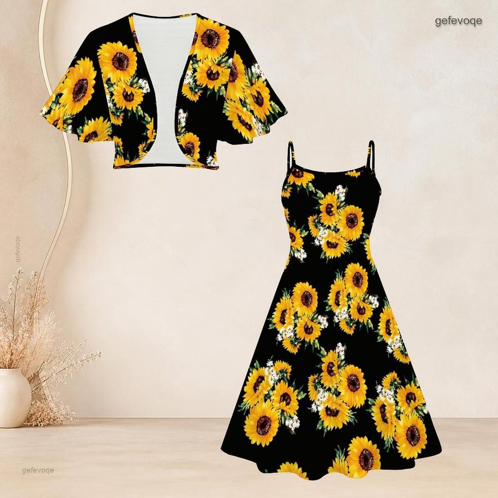 Women Plus Size Two Piece Set American Flag Printed Batwing Sleeve Cropped Shrug Strappy Flared Dress