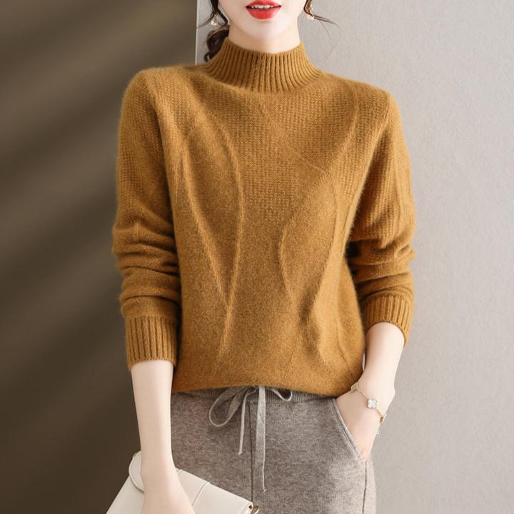 Casual Sweater Women's Solid Color Loose Base Knitted Sweater Autumn and Winter Lazy Style Pullover Sweater Solid Color Loose Half High Neck Sweater