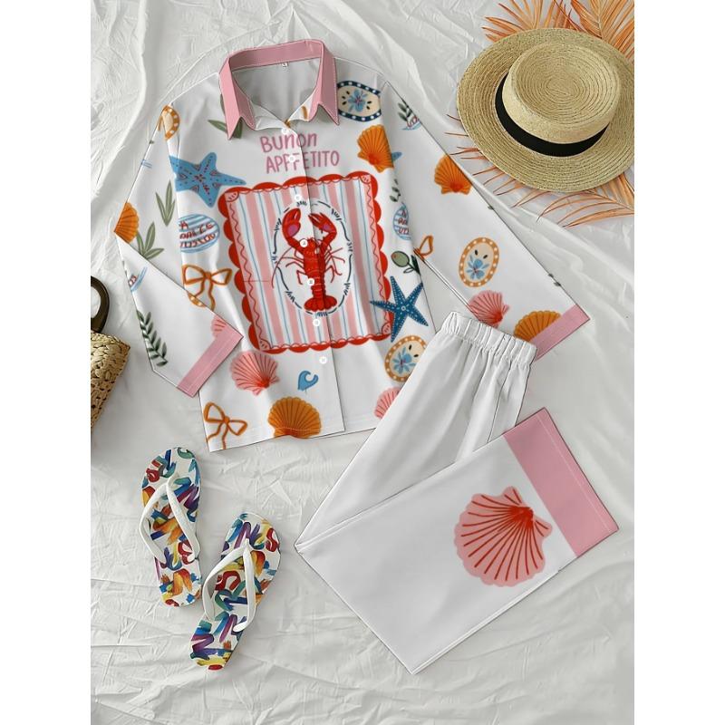 Women's Seafood Ocean Style Two-piece Set with Off-white Bottom Printed with Lobster,resort Style Long-sleeved Trousers Two-piece Set