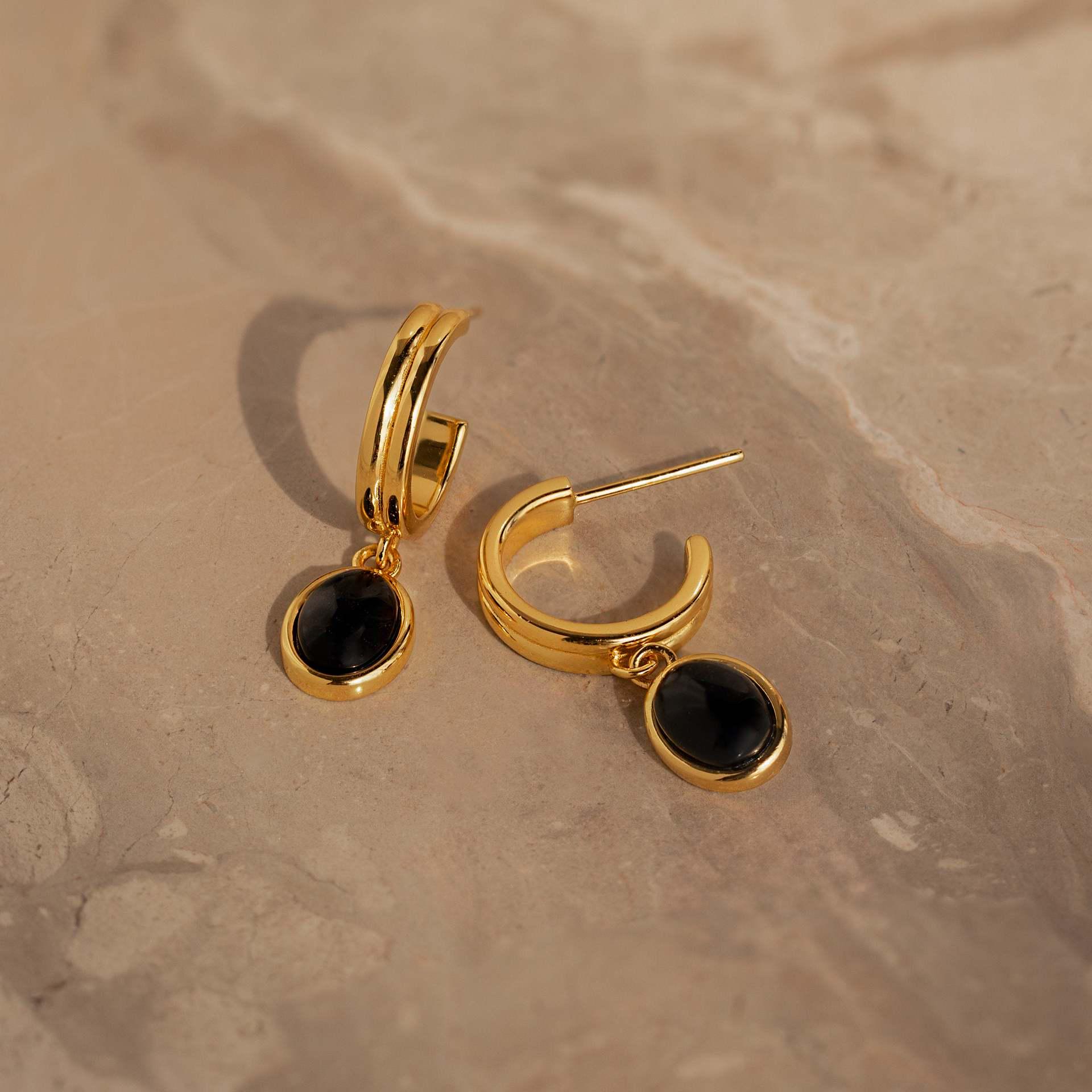 Black Agate Retro Gold Earrings - Versatile Women s Niche Design