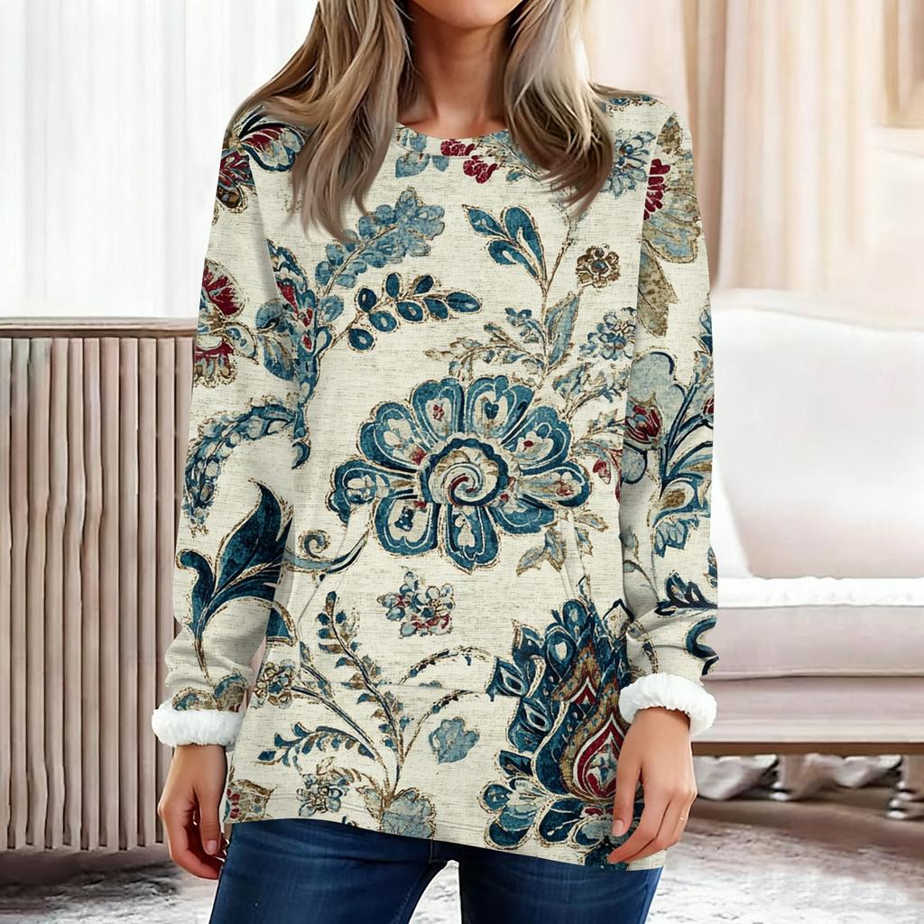 Haut pull-over chaud en peluche à manches longues et col rond imprimé tendance pour femmes