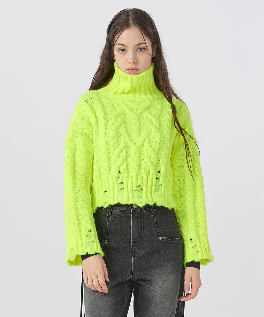 Wove Moment [22Fw] High Neck Cable Crop Pullover - Neon Green Neon Green/One