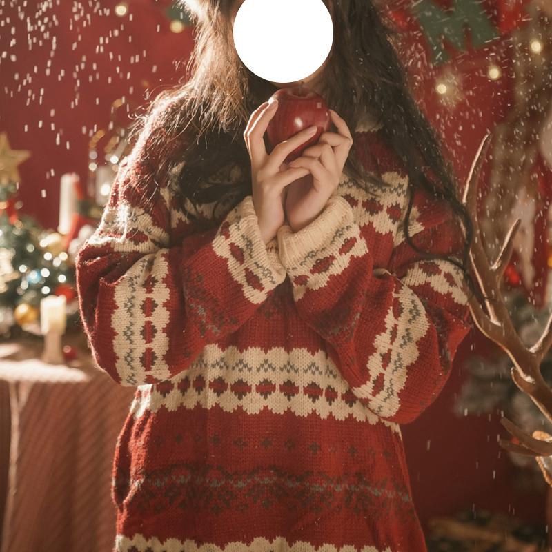 Winter New Christmas Pullover Knitted Sweater Women Fashion Print Red Long Sleeve Sweaters Vintage Outerwear Casual Warm Round Neck Knitwears 25303