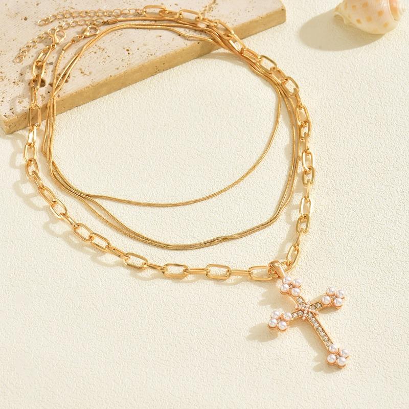 Statement Punk Alloy Diamond-encrusted Cross Pendant Necklace Multi-layered Design Accessory Necklace