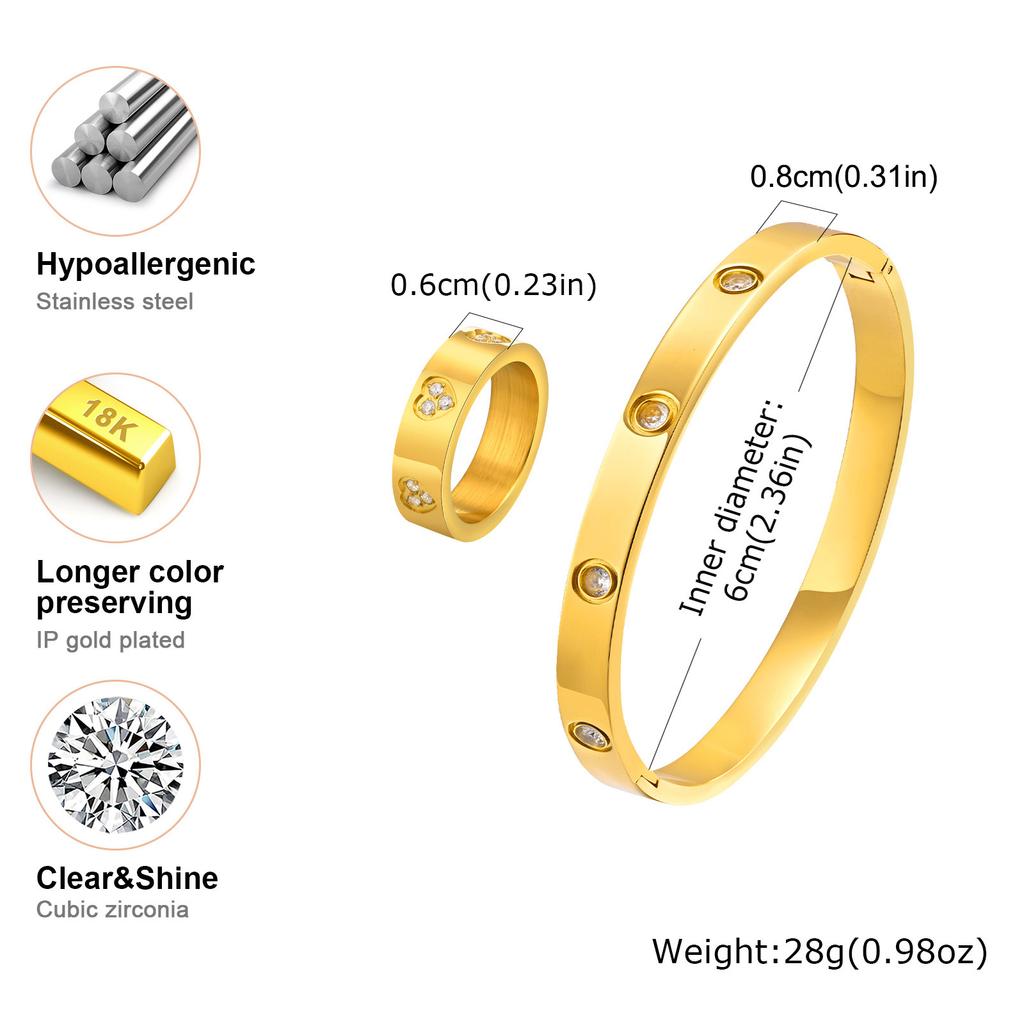Vnox Luxury Love Ring Bracelets Gift for Women, Heart CZ Stone Inlay Gold Plated Stainless Steel Cuff Bangles, Mothers Day Gift
