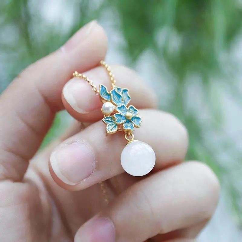New Porcelain Inlaid Hetian White Jade Pearl Flower Enamel Porcelain Necklace Earrings Palace Style Elegant Ladies Jewelry