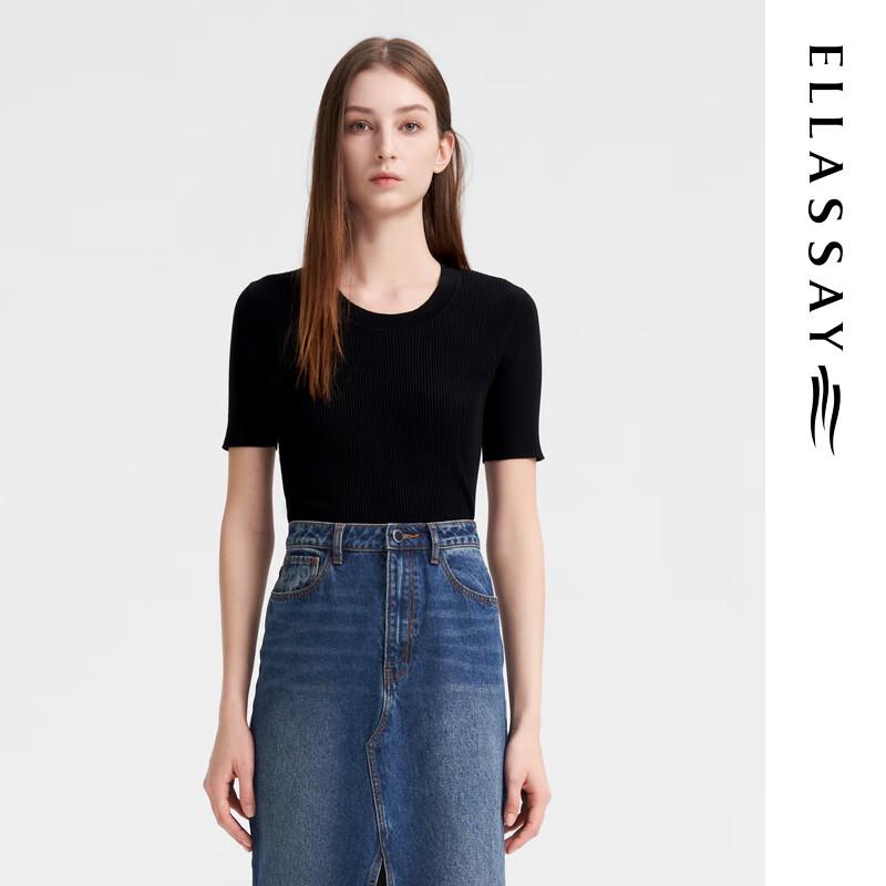 ELLASSAY Women's 2024 Summer Simple Slim Fit Round Neck Knit Top
