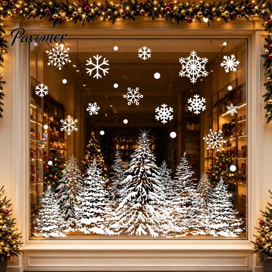 Decorative Window Scenes Christmas Tree Snowflake Static Sticker, Double-sided Cling Decal, Holiday Decals Reusable PVC Glass for Parties Easy