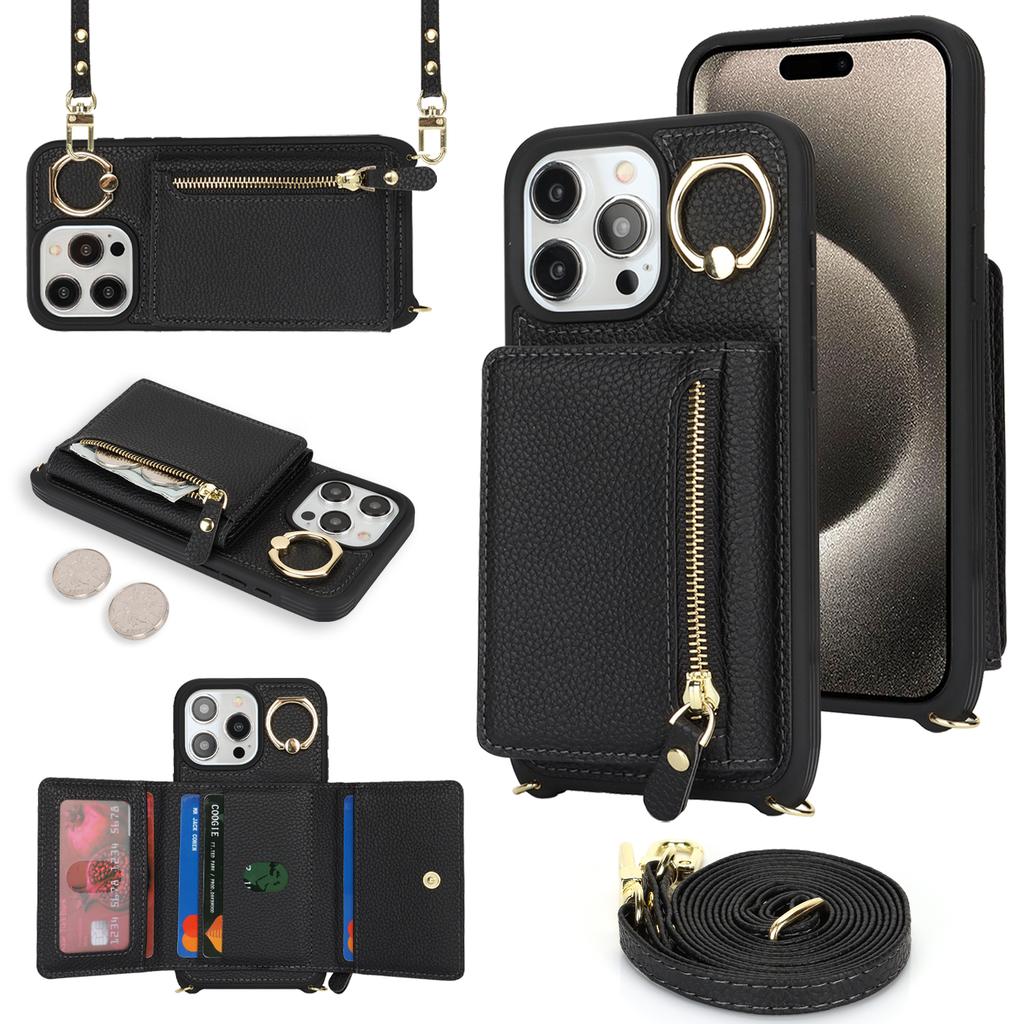 For iPhone 14 Pro Case Card Bag Ring Kickstand PU Leather+TPU Phone Cover with Shoulder Strap