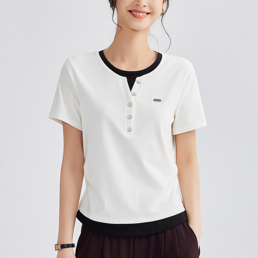 Women's Summer New Color Contrast Fake Two Pleated Short Sleeve Design Sense Inside The Top