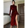 Sexy Velvet Pleated Turtle Neck Dress Women's Autumn Winter Warm Long-sleeved Slim Slit Package Hip Dresses Evening Party Gowns