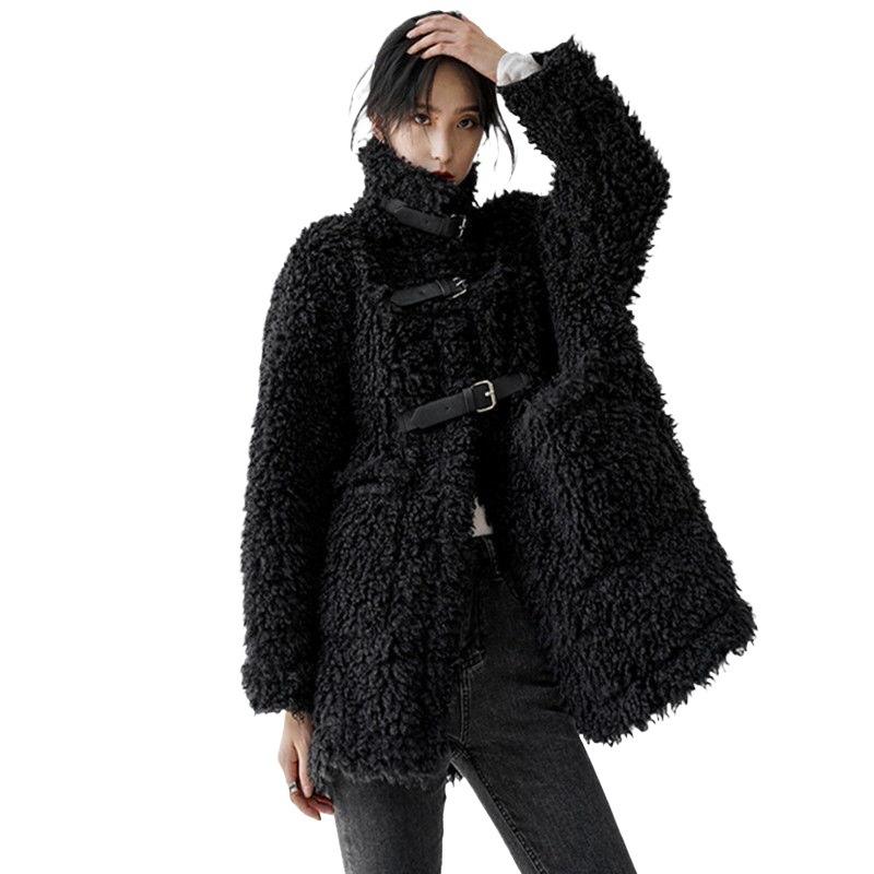 Black Lamb Wool Coat for Women's Autumn and Winter High-necked Temperament, Thin and Thickened Imitation Fur Long-haired Coat