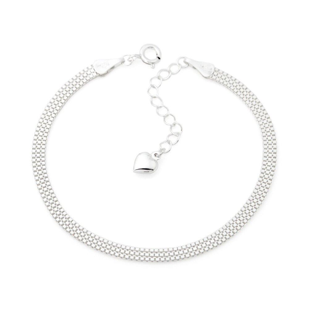 

92.5 Sterling Silver 3-Line Box Heart Plump Chain Daily Silver Bracelet