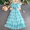 Holiday romantic style print one-word shoulder bubble sleeve dress female waist cake dress thin temperament fairy long dress