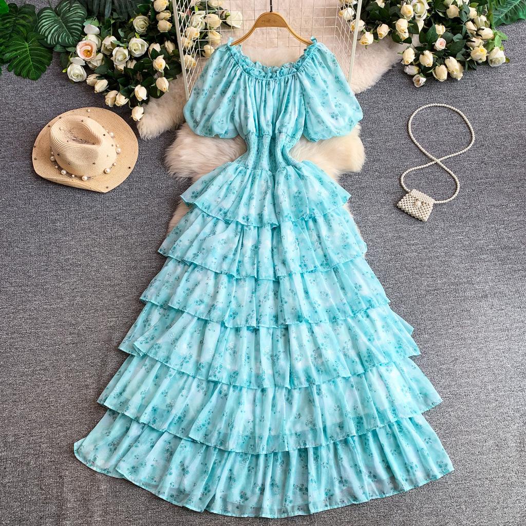 Holiday romantic style print one-word shoulder bubble sleeve dress female waist cake dress thin temperament fairy long dress